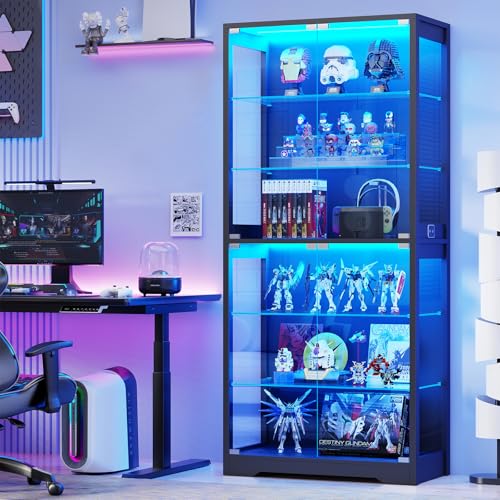 BROTTAR Display Cabinet with Glass Door, 6-Tier 71" Curio Cabinet with 3 Color Lights for Collectibles, Display Case with Adjustable Glass Shelves, Human Body Sensor, Storage Cabinets, Black