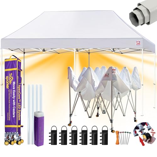 Image of Tradesparker 10x20 Pop Up Canopy Tent,Commercial Movable Canopy with ApexCore LED&Rugged Casters-Instant Easy Setup Shelter Canopies with Weight Bags&Stakes for Outdoor Events Markets Vendors,White