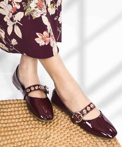 Image of JM LOOKS Modern Patent Mary Jane Flats Featuring Stylish Grommet Eyelet Straps and Adjustable Polished Metal Buckles