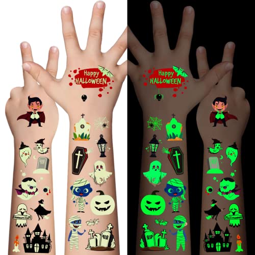 Awinway Leuchtende Halloween Tattoo Kinder - 360 Stücke Feiertag temporäre Tattoo Aufkleber für Jungen Mädchen,Bulk Halloween Preise Süßes oder Saures Party Bevorzugung Goody Bag Stuffers 20 Blätter