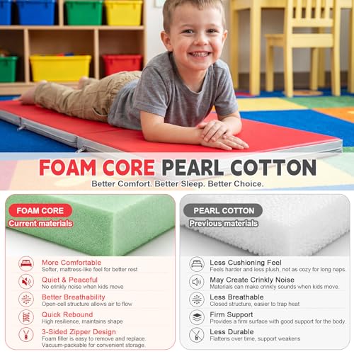 Image of Wesiti 1 Pcs Folding Kids Nap Mats for Preschool Daycare, 3 Section Folding Rest Mats Sleeping for Kids Toddler Nap 1 Inch Thick, Kindergarten School Classroom Supplies (Red,Gray)