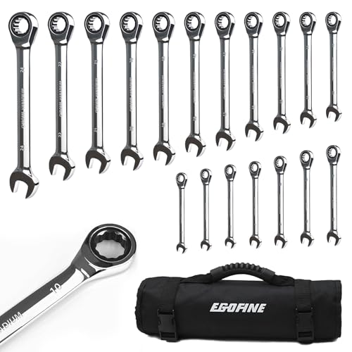 Egofine Ratcheting Wrench Set, 6 mm - 24 mm Metric Wrench Set 18pc, 72 Teeth Combination Wrenches Set, Chrome Vanadium Steel with a Roll Up Storage Bag