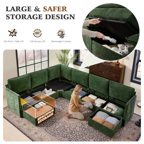 Image of Ihanherry Oversized Modular Sectional Sofa with Storag, 8-Seater V Shaped Cloud Couch with Movable Ottomans, Chenille Deep Seat Corner Couches for Living Room (Green)