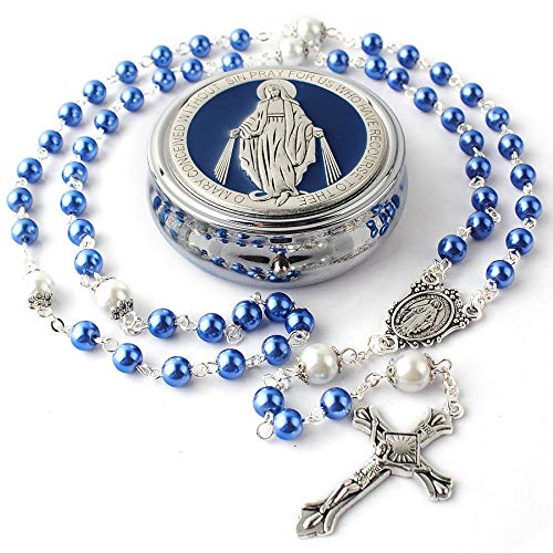 hanlincc 6mm glass pearl beads with 8mm our father beads with caps rosary pack in miraculous metal gift box