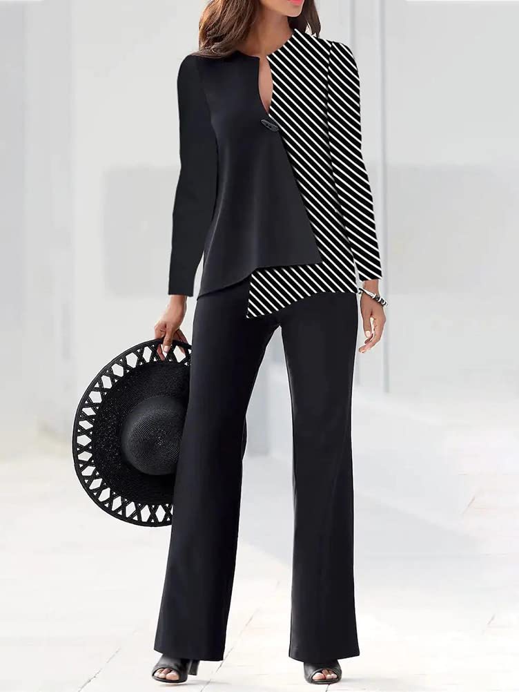 Onsoyours Donna Tailleur Pantalone Completo Patchwork Shirts A Maniche Lunghe+ Pantaloni con Bottone Ufficio da Abito in Due Pezzi Set per Business E Matrimoni