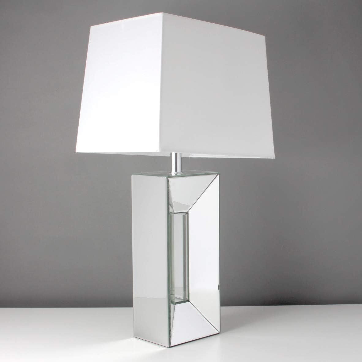 Mirror Glass Table Buffet Bedside Lamp & White Shade