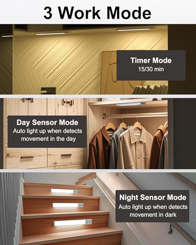 Image of SZOKLED Under Cabinet Lighting Motion Sensor, 111-LED Magnetic Wireless Closet Lights with Timer & Dimmable & 3 Color Temperatures for Kitchen, Counter, Stairs (3 Pack)