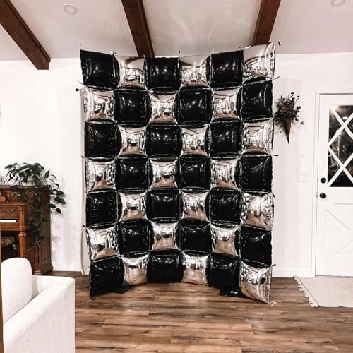 Image of Black and Silver Double Sided Square Foil Balloons Wall,19 Inches Chrome Silver Metallic Foil Balloons Tunnel Arch Kit for 2026 Graduation Decorations,Anniversary Birthday Party Background Decoration