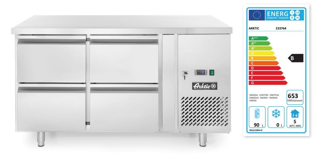 HENDI Mesa refrigerada Arktic de 4 cajones para GN 1/1, -2/8°C, 280 L, descongelación automática, pantalla digital, 230V/250W, 1360x700x(H) 850 mm, acero inoxidable
