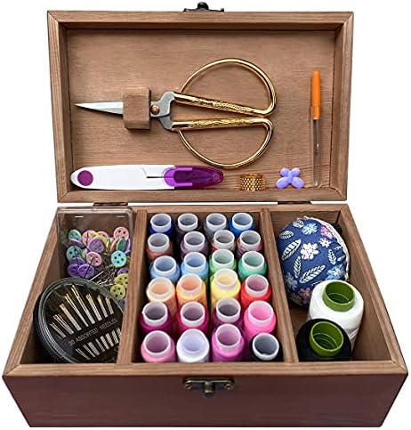 Sewing Kit Wooden Box with Cute Sewing Accessories Hand Sewing Kit for Kids Girls Beginners Adults Students Vintage Repair Kit