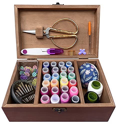 Crafton Wooden Sewing Kit Box for Adults Beginners with Cute Accessories - Home Sewing Basket Stitching Repair Kit for Women