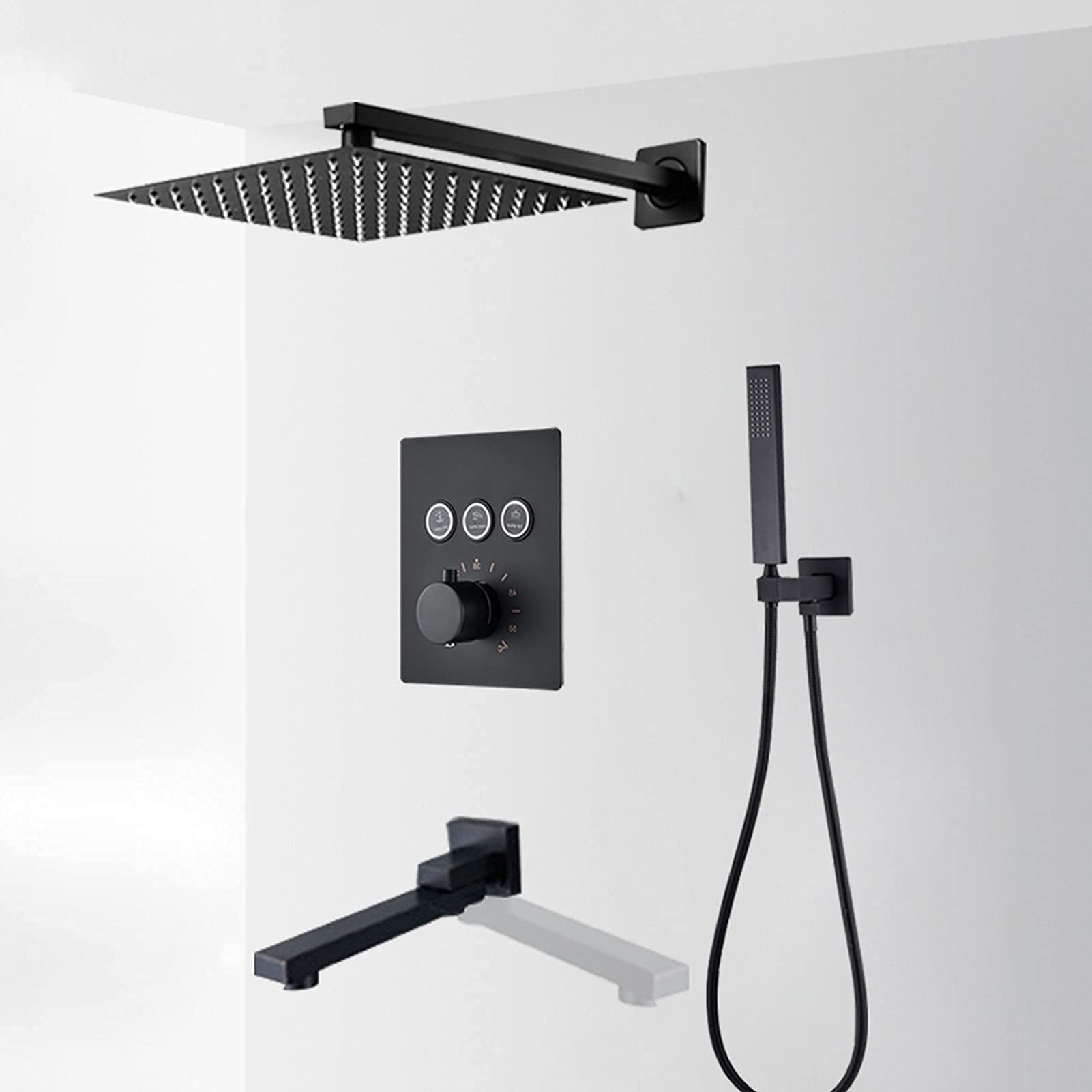 QUSYZD Thermostatic Bathroom Shower Faucet Set Black, Square Rainfall Shower Head System with Handheld Shower and Tub Spout, Wall Mounted Bathtub Faucet,10Inch,16inch,8inch