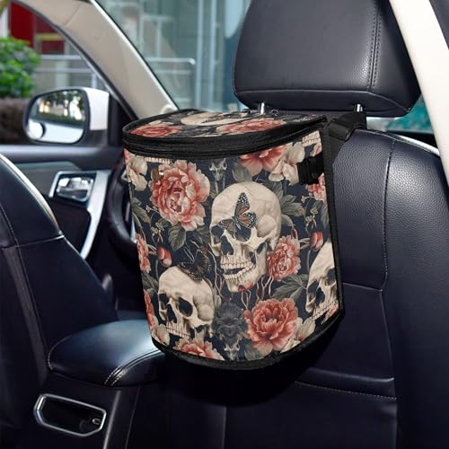 Image of MNSRUU Car Trash Can with Lid, Skull Peony Car Trash Bag Hanging Organizers and Storage for Front Back Seat, Leak-Proof Trash Bin