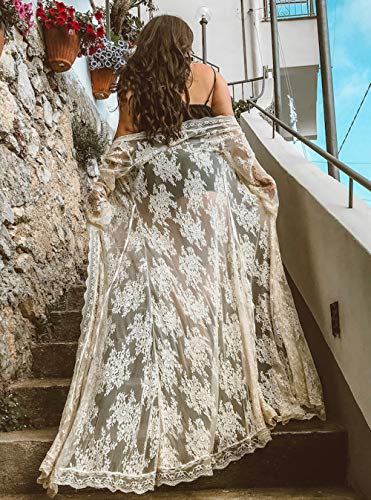 BUTTZO Women Sexy Long Lace Dress Sheer Gown See Through Lingerie Kimono Robe Swimsuit Cover Up4