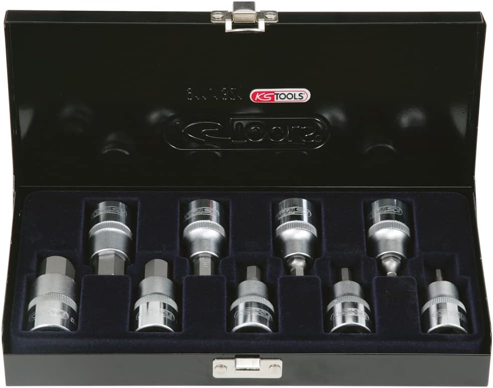 KS TOOLS 922.1321 Set of 9 Hexagonal Screwdriver Sockets 1/2 Inch Short Version 4 to 17 mm Chrome Vanadium Satin Chrome Finish 54 Pieces