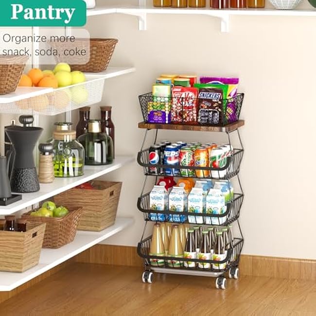 Fruit Basket with Wooden Lid for Kitchen, 4-Tier Stackable Wire Fruit Vegetable Storage Basket Organizer Stand on Wheel, Produce Basket Potato Onion Storage Bins Rack Cart for Pantry