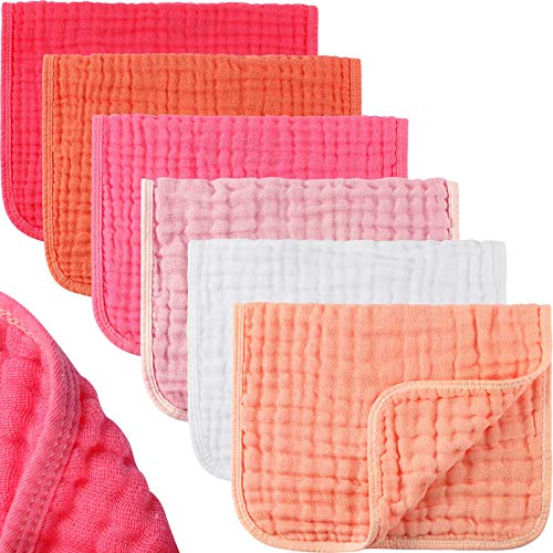 Hicarer 6 Pieces Large 20 x 10 Inch Muslin Burp Cloths Multi-Colors Muslin Washcloths Baby Burping Cloth Diapers 6 Absorbent Layers Muslin Face Towels for Baby (Pink Series)