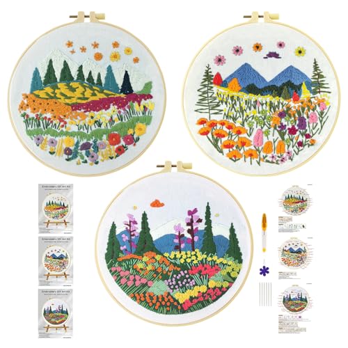 Xinpinzhou 3 Pcs Flower Grass Embroidery Kit, Beginning Easy Stamped Funny Hand Embroidery Patterns Starter Kits Set for Beginners Adults Plant Bordado with Cloth, Thread, Needle, Hoop, Scissors