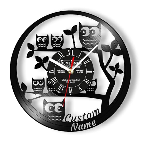 The Geeky Days Personalized Baby Owl Wall Clock, Cute Cartoon Owls Wall Clock Retro Decorative Custom Vinyl Record Wall Watch Clock Silent Movement Battery Operated for Kids Room Nursery Bedroom 12''
