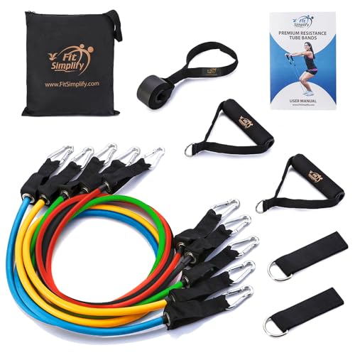 Fit Simplify Resistance Tube Exercise Workout Bands 12 Piece Set with Handles, Instruction Booklet and Carry Bag