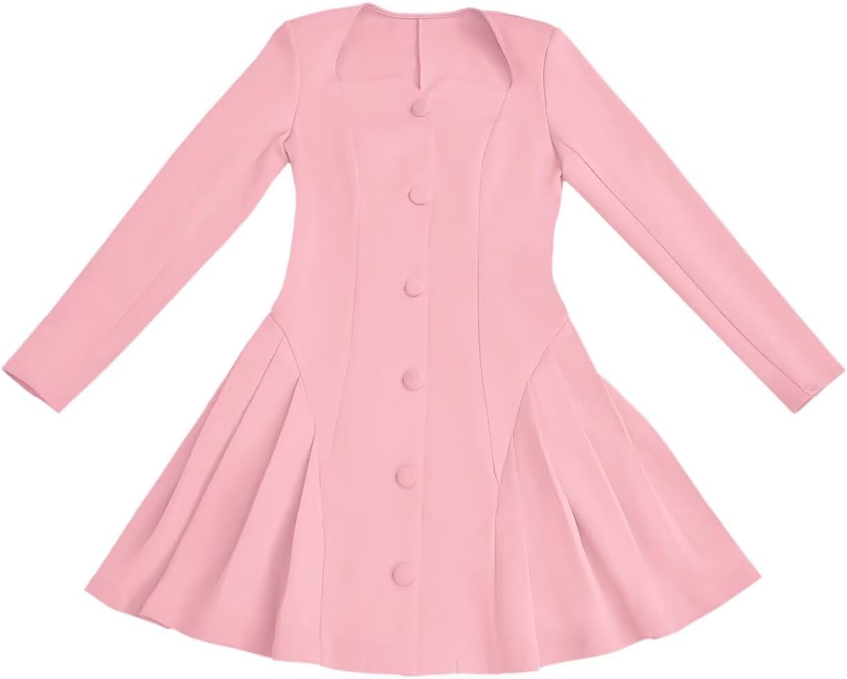 acelyn Womens Sexy Square V Neck Short Wedding Dresses Long Sleeve Button A-Line Pleated Blazer Club Party Mini Dress - Image 6