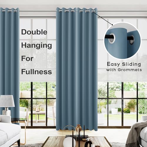Image of KOUFALL Blue Blackout Curtains 96 Inches Long for Living Room,Grommet Thermal Room Darkening Curtain for Bedroom 96 in Length 2 Panel Set,Dusty Grey Blue