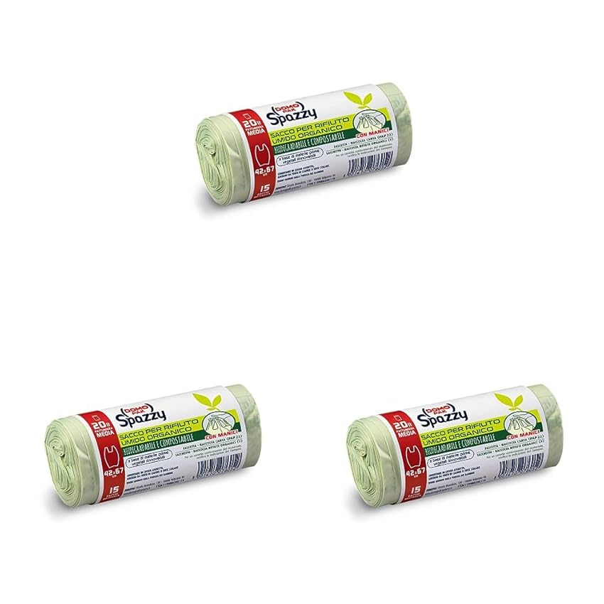 Immagine del prodotto DOMOPAK SPAZZY Sacchi Nettezza Saccoverde Con Manici - 100% Biodegradabile - Casalingo 20 Lt - Trasparente - 1 Confezione Da 45 Pezzi, color Trasparente