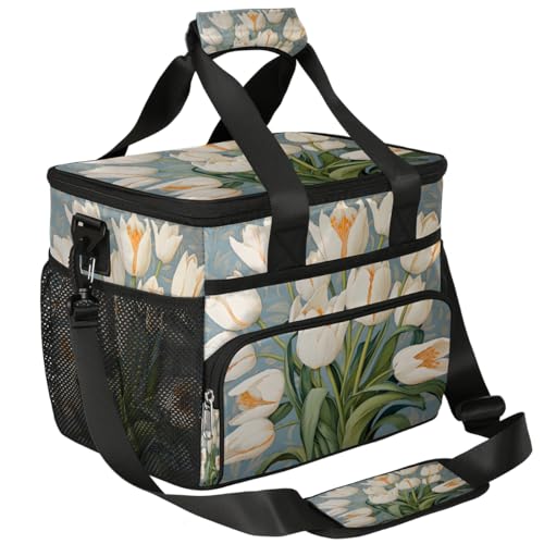 Floral Insulated Picnic Backpack Lunch Box for Women Men Picnic Basket Tote Lunch Bag Picnic Bag Portable Lunch Bags for Picnic, Beach, Work, Trip,Office, Camp White Tulips