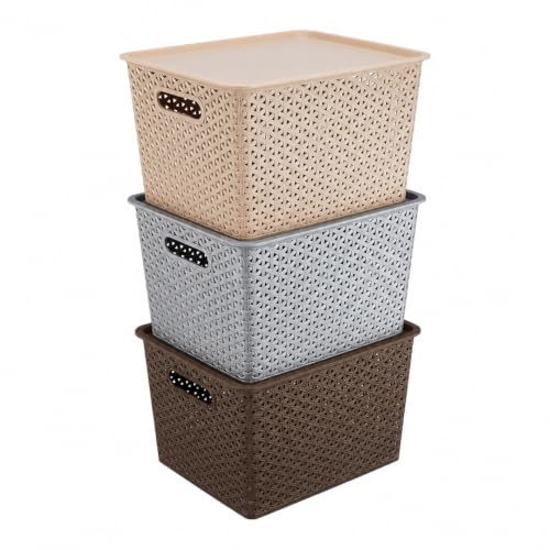 Image of Amazon Basics Set of 3 Plastic Storage Baskets with Lid | Stackable Organiser for Wardrobe, Kitchen, Clothes, Toys, Books, Office Multipurpose Shelf Basket (Large, 36x30x22 cm) Multicolour,Rectangular