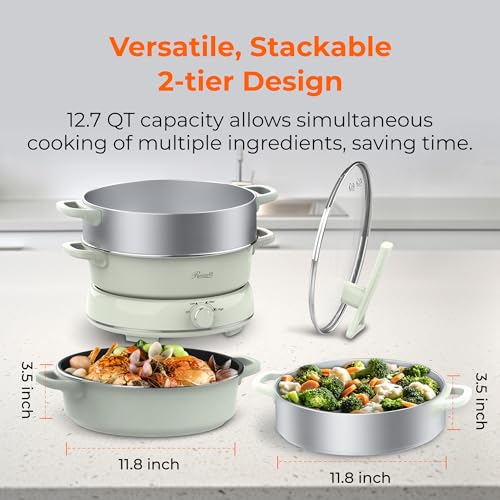 Image of Rosewill 12.7 QT Electric Hot Pot Slow Cooker with Multiple Functions, Split Design with 11.8 inch Wider Cooking Pot and SUS Steam Basket, 1600W High Power, Includes Utensils - Light Green