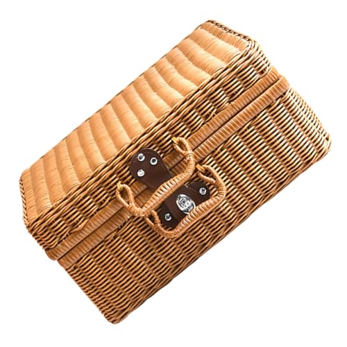 PRETYZOOM Caja de Almacenamiento de Mimbre Sintético Estilo Vintage, Asa, Color Caqui, Tamaño 35x24x12 Cm, Estuche Organizador Multifuncional para Hogar y Picnic, Maleta Tejida a Mano