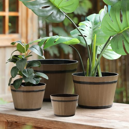 Set of 4 Large Flower Pots 12 10 8 6 Durable Whiskey Barrel Planters with Drainage Holes Saucer Rustic Plastic Planters for Indoor Outdoor Garden Home DecorDark Brown