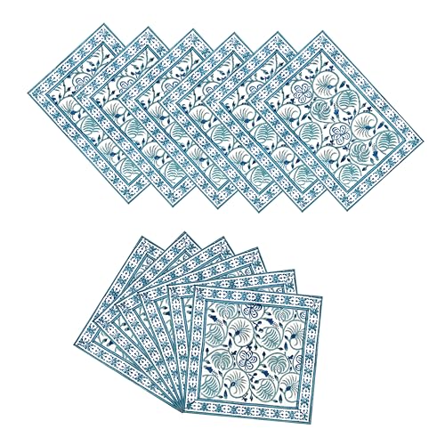Image of BLOCKS OF INDIA Hand Block Printed Cotton Table Runner, Mat and Napkin Set of 13 pc for Center /Dining Table (Blue Green Jaal)