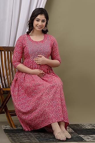 Image of Maternity Feeding Kurti for Women | Cotton Blend Anarkali Dress with Nursing Zip for Pre & Post Pregnancy