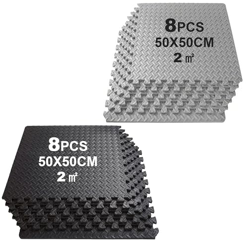 SROCHN 16PCS Bodenschutzmatten Sportgeräte-Matten 50X50X1cm mit Randstücken 5 rutschfest Eva Fitnessmatte Turnmatte Sportmatte Trainingsmatte (Schwarz+Grau)