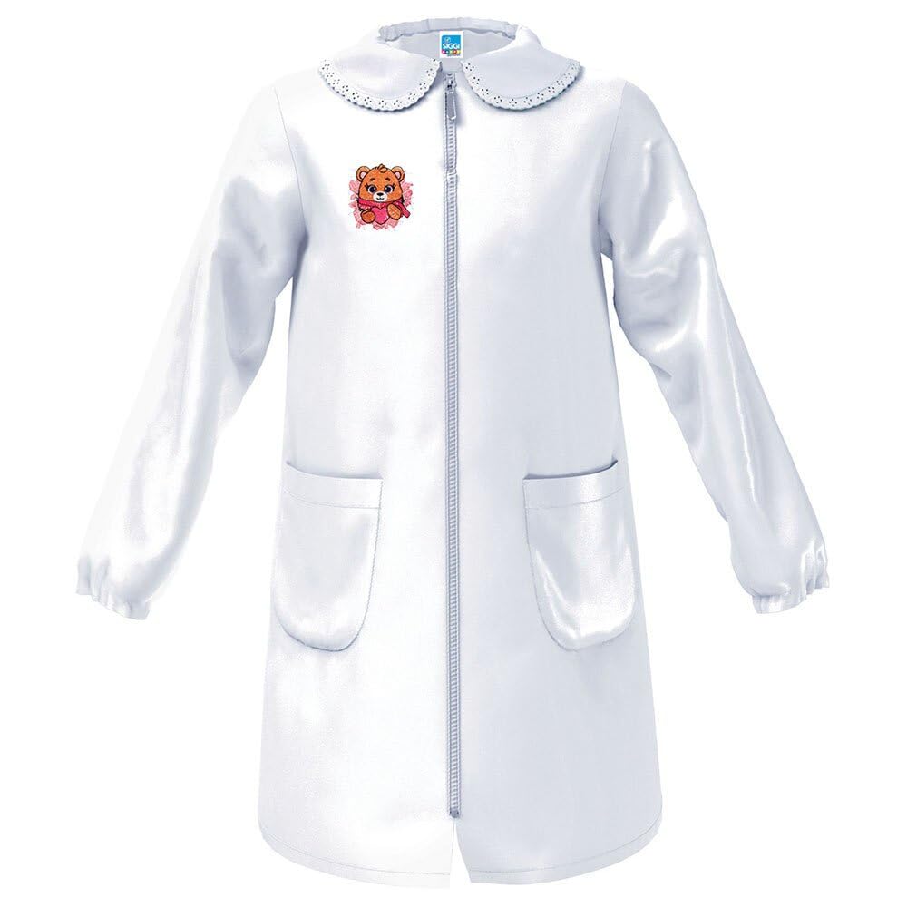 Grembiule Scolastico Bianco SIGGI – In Cotone, Con Cerniera, 2 Tasche, Ricamo, Taglie Per Bambini 6-13 Anni