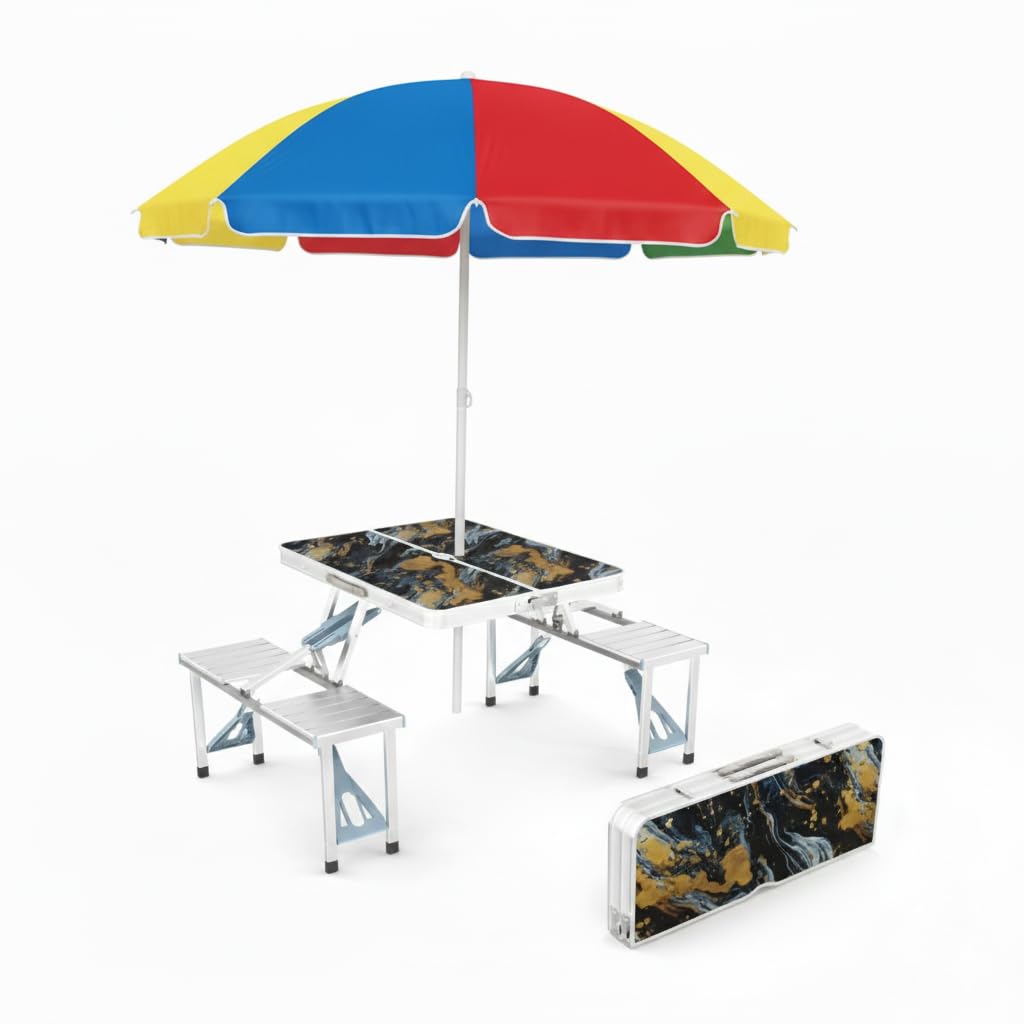 Picnic Table Heavy Duty Aluminium Portable Folding Camp Suitcase Picnic Table and 4 Chairs Set with Umbrella