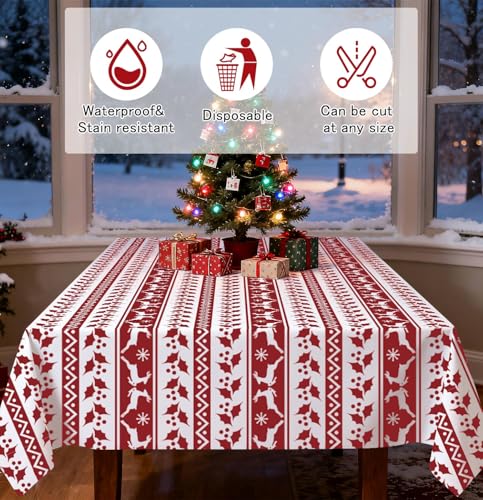 HEIPINIUYE 3 Pack Christmas Tablecloth Disposable 54 x 108 Inch Red and White Xmas Plastic Table Cloth Disposable Rectangle Table Cover for Christmas Birthday Picnic Party Xmas Tablecloths – Image 4
