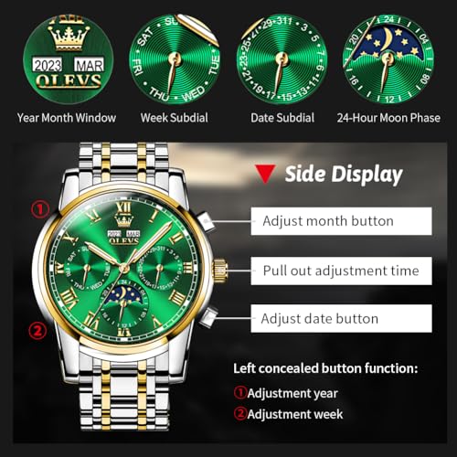 Image of OLEVS Mens Automatic Watch Mechanical Self Winding Luxury Business Dress Moon Phase Stainless Steel Calendar Wrist Watches for Men Waterproof Luminous
