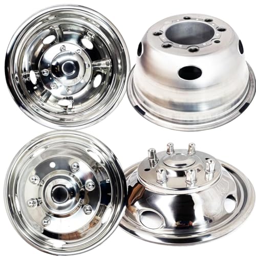 Image of 19.5 inch Polished 304 Stainless Steel Dually Wheel Simulators, 4pcs | Front & Rear, 8 Lug 5 Hand Hole, Bolt On Hub Caps, For 1999-2004 Ford F450 F550 Super Duty, Wheel Covers with Install Tools