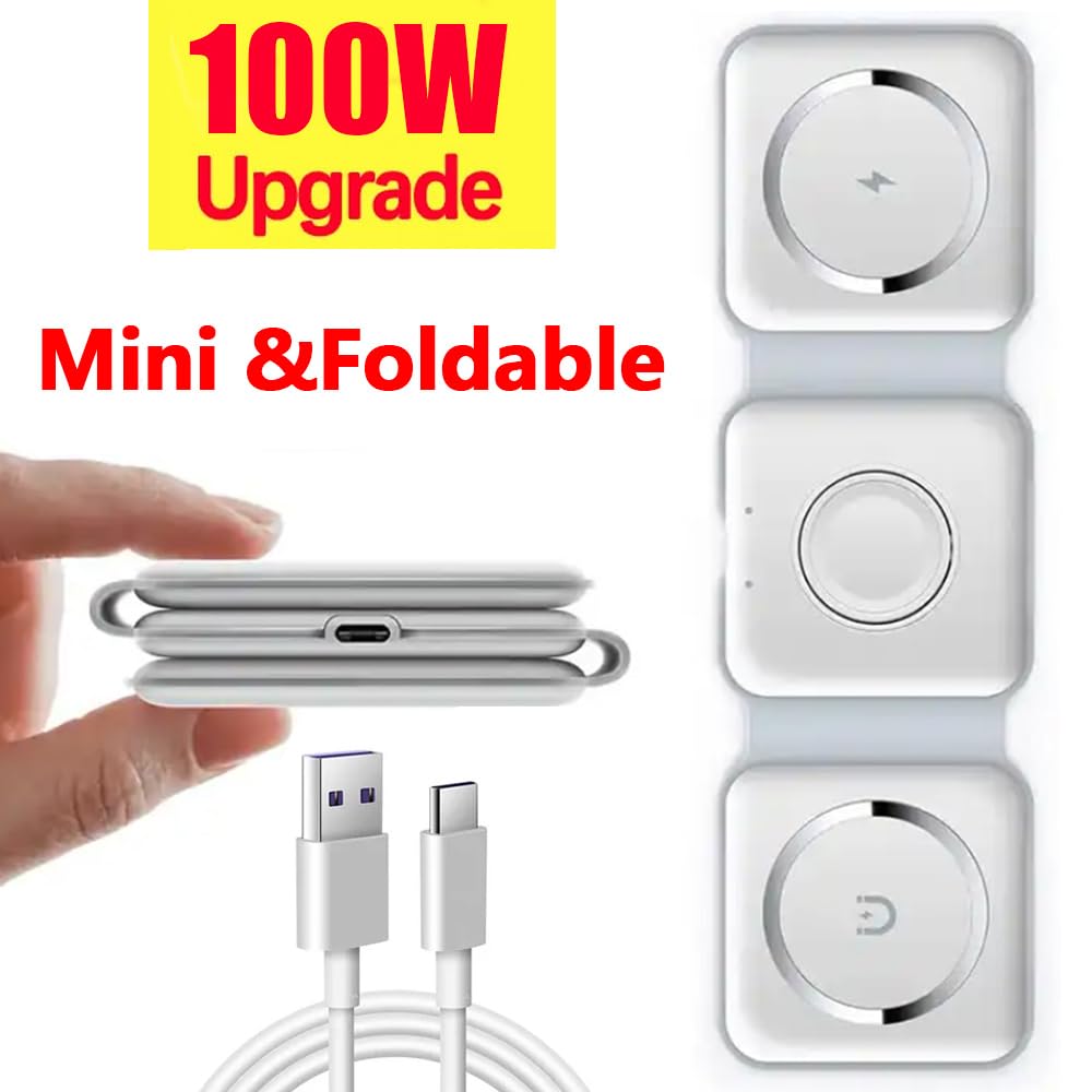 Station d'accueil de charge sans fil pliable 3 en 1 pour téléphone 15, 14, 13, 12Pro Max, iWatch - Station d'accueil de charge rapide sans fil (blanc avec câble)