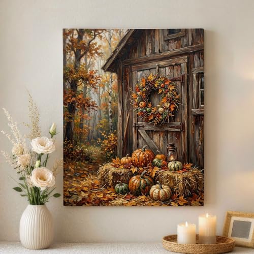 Cuadro de calabazas otoñales de 40cm para decorar un salón rústico
