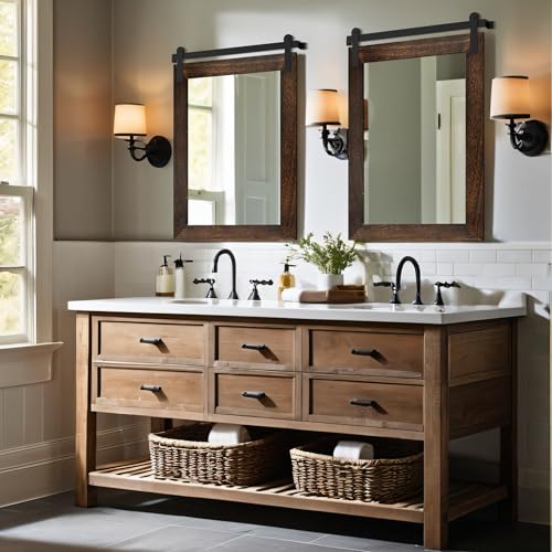 Image of COGOOD Farmhouse Barn Door Mirror - 22 inch x 30 inch Rustic Wood Framed Wall Mirror for Bathroom, Living Room, Entryway Wall Decor (Black Brown)