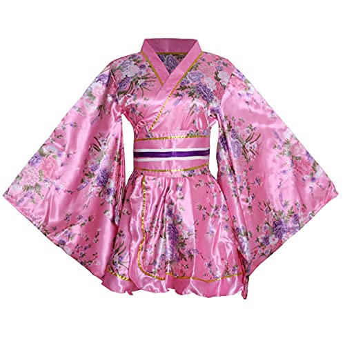 Damen Sexy Kurzes Kimono-Kostüm Erwachsene Japanische Geisha Yukata Prints Kleid Verkleidung mit Obi-Gürtel, 2# Pink, Einheitsgröße