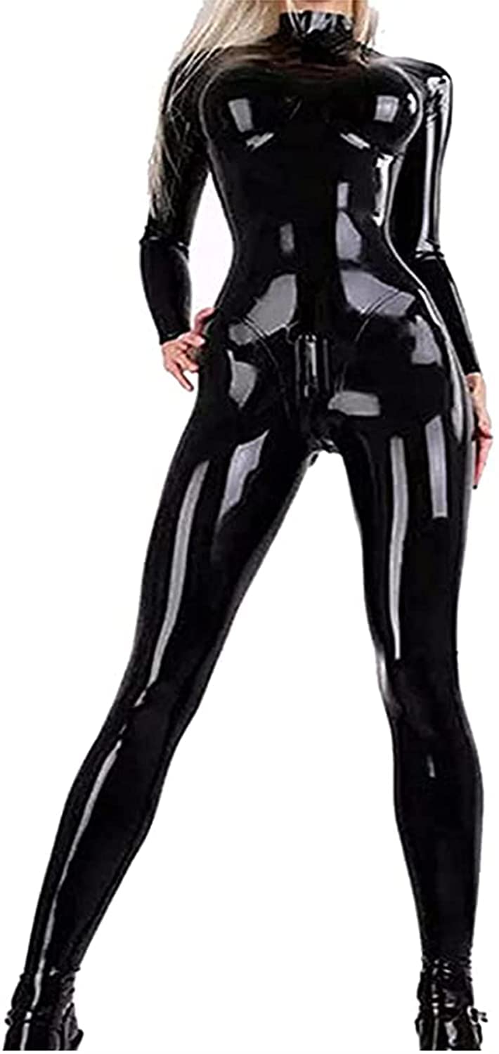 MMWMJWMB Latex Women's One Piece Stand Collar Full Body Suit Wet Look Leather Zip Back Catsuit Club Bar DS Wet Look - XX-Large