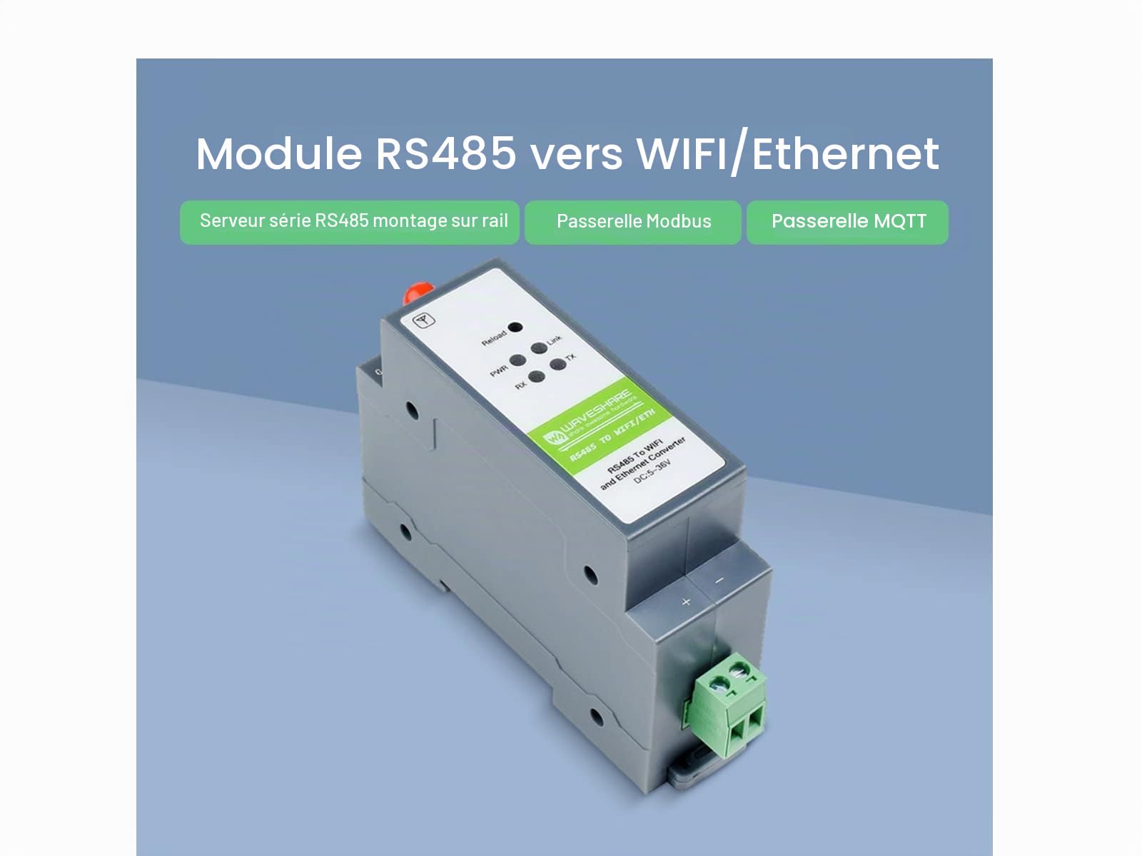 Waveshare RS485 to WiFi/Ethernet,Ethernet to WiFi Converter Module,Rail-Mount RS485 Serial Server, Modbus MQTT Gateway,300~460800 BPS Baudrate,Support TCP/UDP/ARP/ICMP/DHCP/DNS/HTTP/MQTT