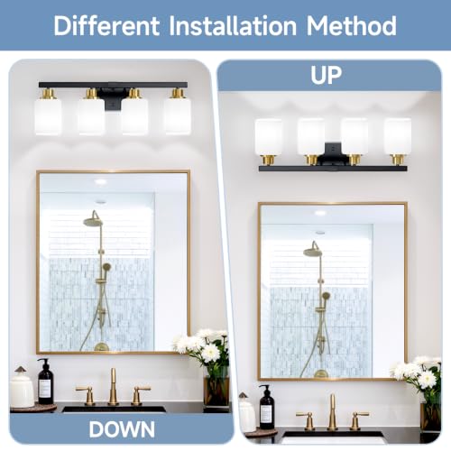 Image of 4-Light Vanity Light for Bathroom,Black and Gold Bathroom Light 24 inch | Bathroom Light Fixture with Square Frosted Glass, Wall Sconces fixtures Over Mirror Sink Restroom,Living Room Hallway