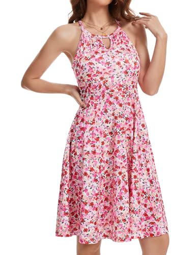 Image of JOYSHAPER Built in Bra Summer Dress Casual Beach Sundress Flowy Halter Dress with Pockets