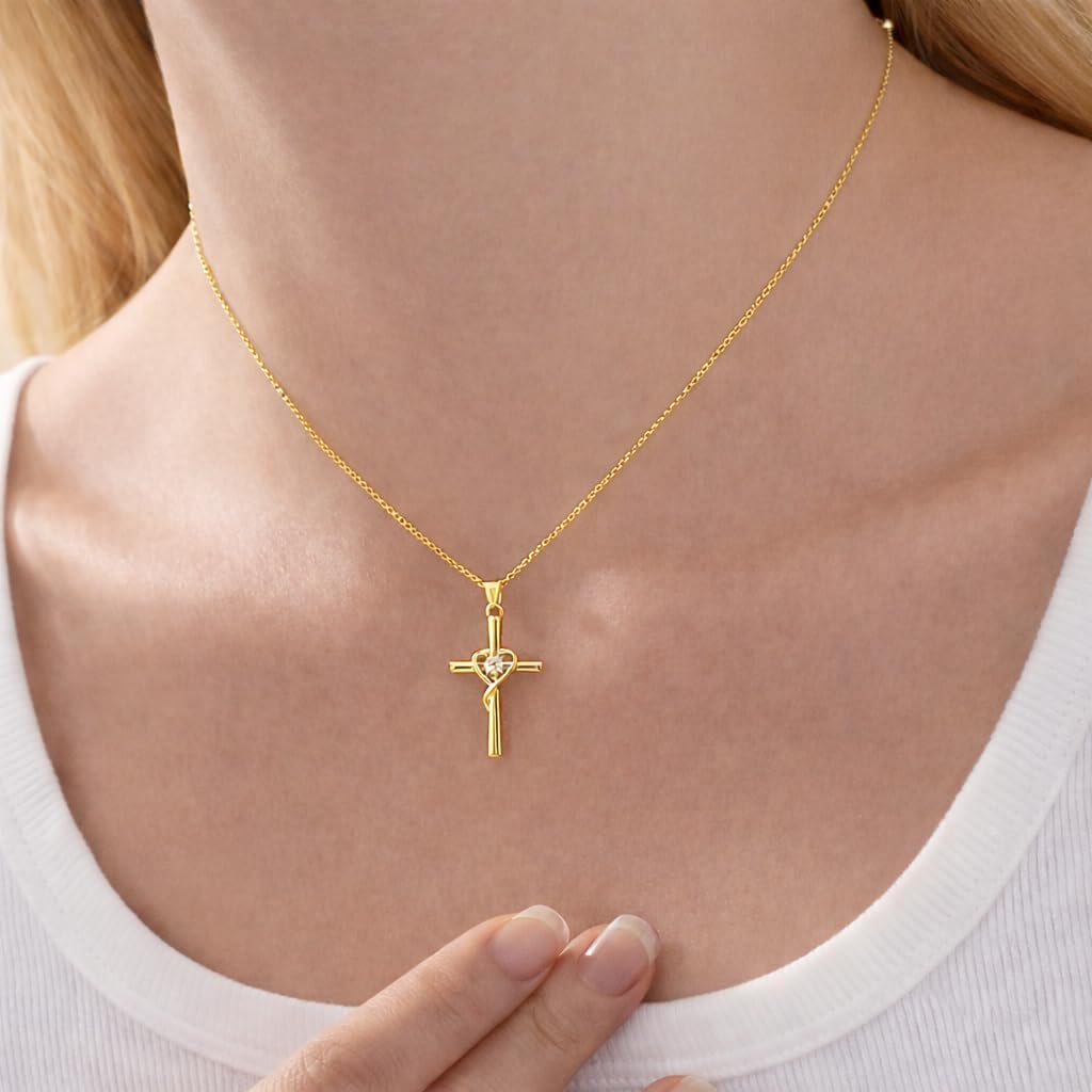 14K Gold Cross Necklace for Women Heart Dainty Small Crucifix Pendant Necklace Chain