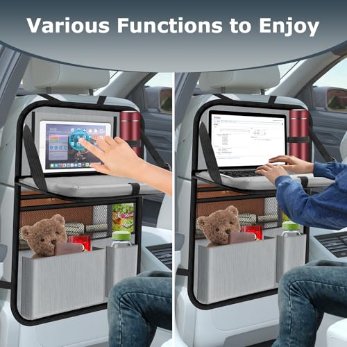 Image of Car Backseat Organizer with table Tray, 9 Storage Pockets Backseat Car Organizer with Tablet Holder, Back seat Organizer for Kids Road Trip Essentials Travel (1Pack)